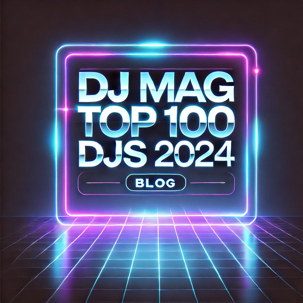 DALL·E 2025-08-02 17.18.34 - A minimalist digital illustration for the DJ Mag Top 100 DJs 2024 blog header. The design features a clean background with a subtle gradient of neon b